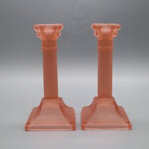 Vintage Pink Frosted Glass Corinthian Column Candle Holders Pair Art Deco Satin